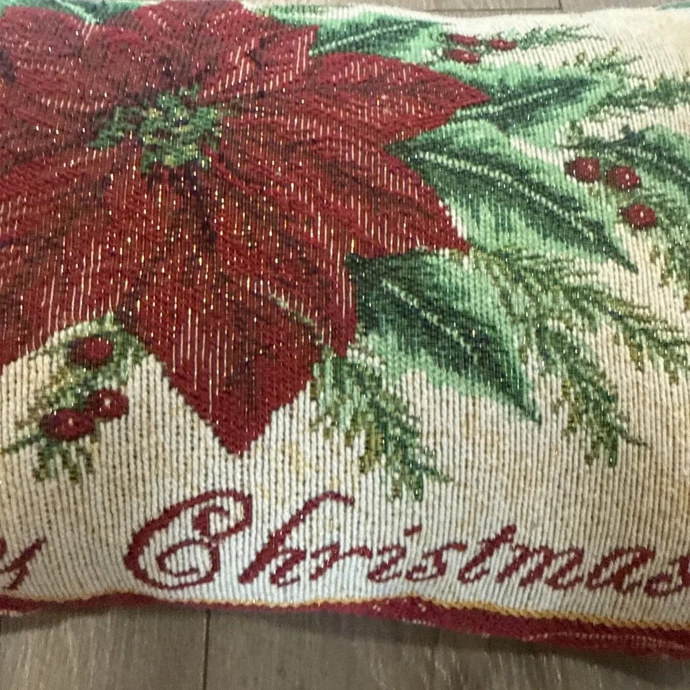 Luxury Christmas Poinsettia Tapestry Needlepoint Pillow‎ Pine Berries Mistletoe